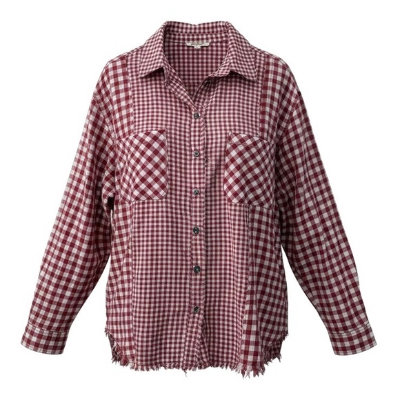 Oli & Hali Tops - Oli & Hali Multi Buffalo Check Fringe Button Up Top Shacket L Red Side Pockets